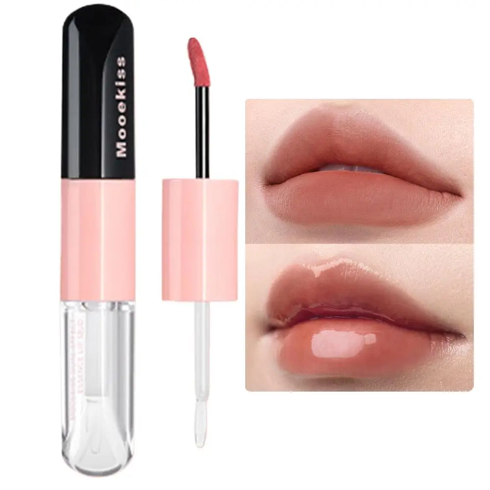 Mooekiss espelho de brilho labial de duas cabeças, hidratante, cabeça de escova de longa duração, copo antiaderente, formador de filme, batom labial
