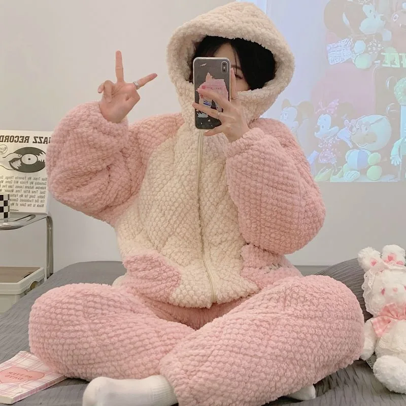 

Coral Velvet Pajama Women's Winter Three-layer Cotton Sleepwear Thicken Plush Insulation New Home Clothes Flannel Loungewear Set