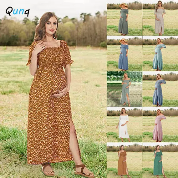 

Qunq 2023 New Pregnancy Wear Bohemia Wind Bubble Sleeve Loose Square Collar Ankle-Length Floral Dress Casual Maternity Dresses