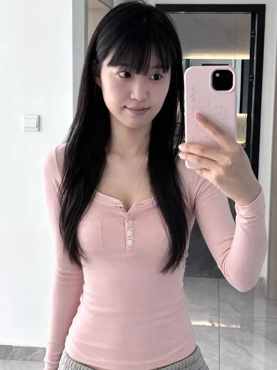 Pink Spicy Girl Style Long Sleeve T-Shirt Women's Autumn Waist-Cinching Slim Fit Double Layer Roll Base Shirt Trendy Top