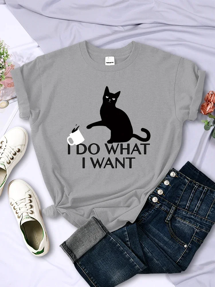 

Creative Short Sleeve Vintage Casual Breathable Womans Tee Clothes Black Cat Want Letter Women T Shirts Fashion