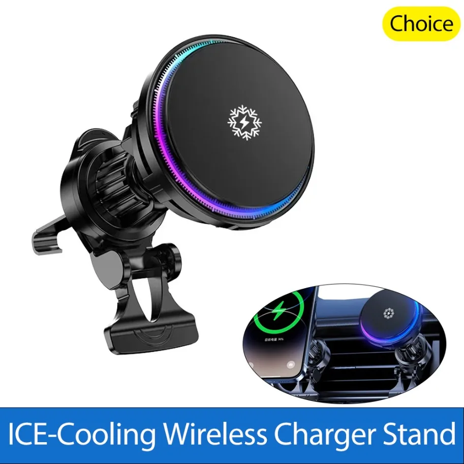 

360° Rotation Air Outlet Phone Holder ICE-Cooling Wireless Charger Stand for Magsafe iPhone 12-16 Fast Charging Station