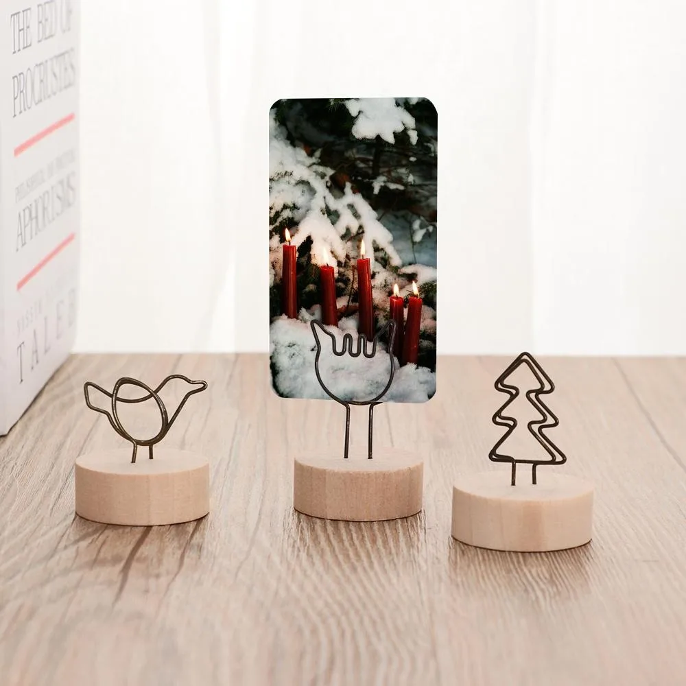 Gift Desktop Ornament Memo Card Round Wooden Base Photo Clips Picture Holder Frame Message Paper Support