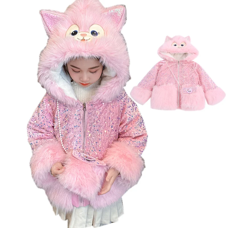 Kids Girl Winter Sequins Coat with Cat Ears Hoodies Cute Baby Princess Fashion Street Outerwear Child Warm Jacket With Free Bag