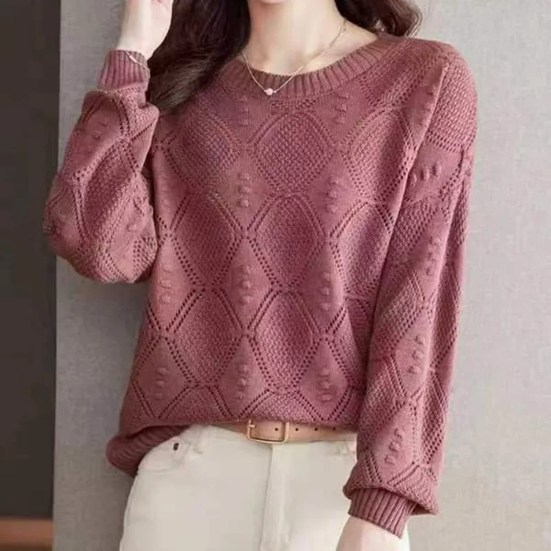 2024 Women\'s Spring and Autumn New Fashion Round Neck Solid Hollow Out Knitted Sweater Loose Long Sleeve Pullover Versatile Tops