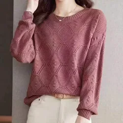 2024 Women's Spring and Autumn New Fashion Round Neck Solid Hollow Out Knitted Sweater Loose Long Sleeve Pullover Versatile Tops