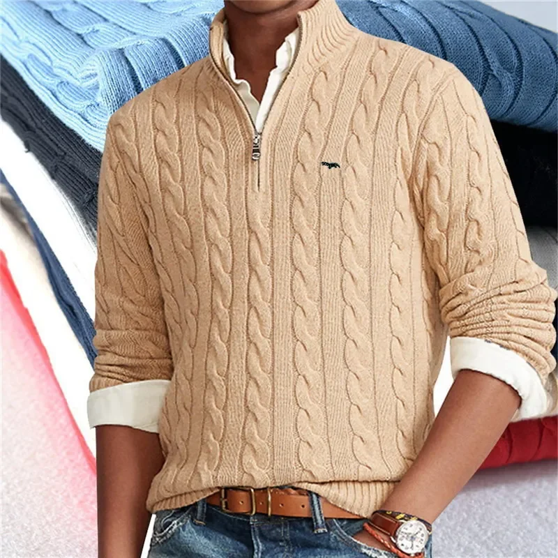 

High Quality Same Brand Men's Autumn Winter Cable 100% Cotton Knit Sweaters Zipper Mock Neck Pullovers Pull Homme 8509