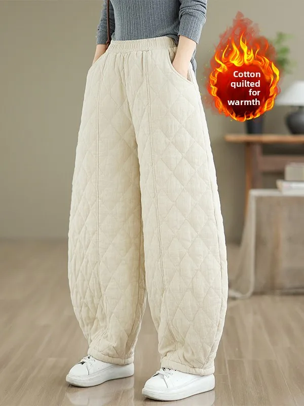 الرجعية الشتاء القطن الكتان السراويل كبيرة الحجم الملابس النسائية مبطن الماس نمط الدافئة فانوس السراويل ملابس خارجية