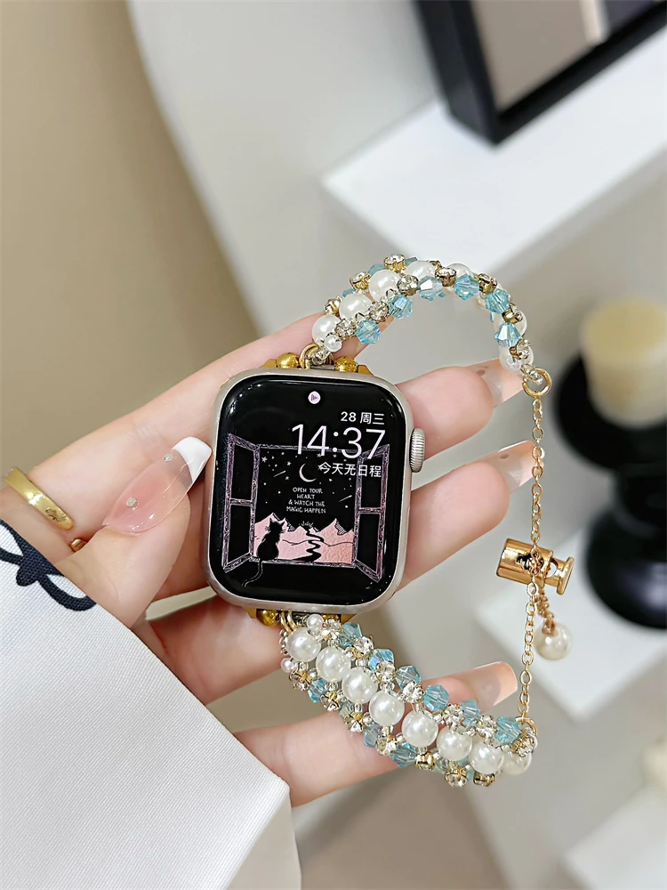 

Compatible with iWatch strap 38mm 40mm 41mm 42mm 44mm 45mm 49mm pearl studded diamond chain fashion strap