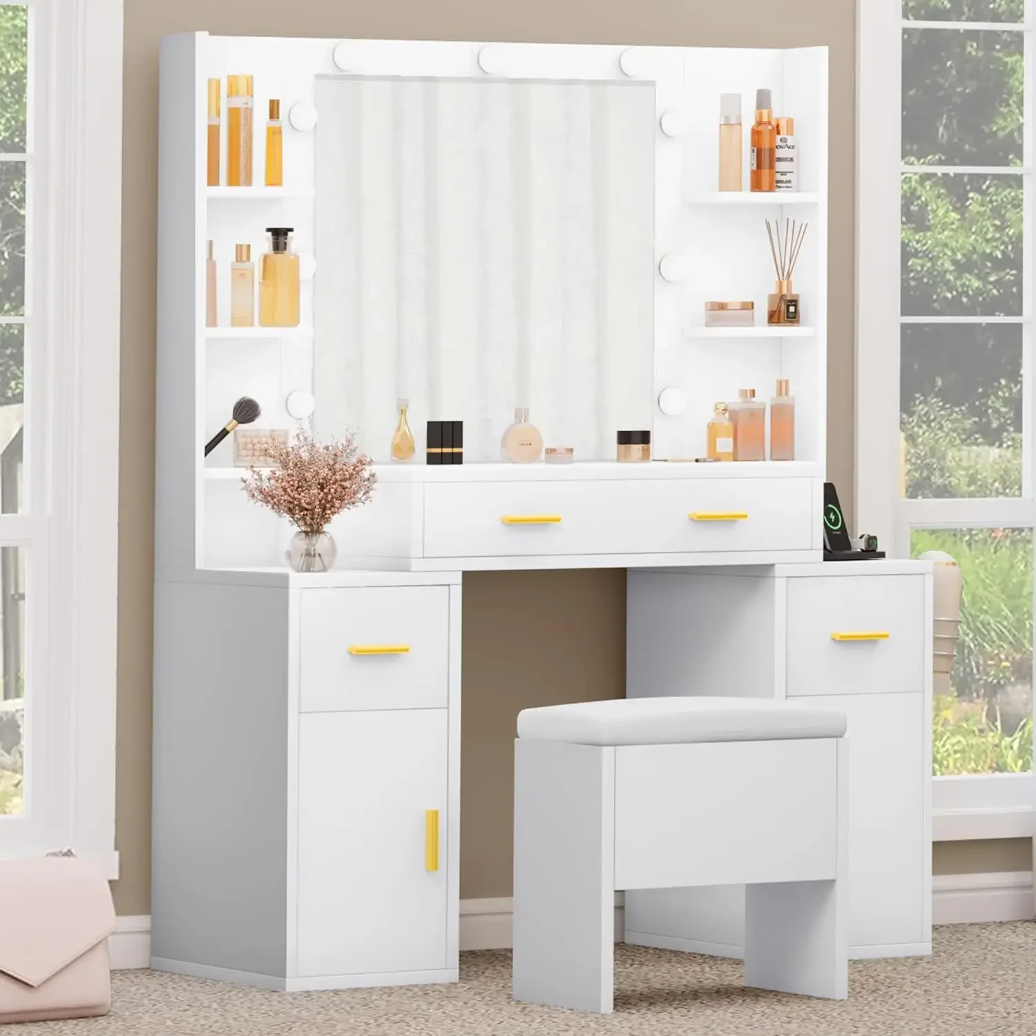 Vanity Desk with Mirror and Lights, Large Vanity Set with Charging Station, Dressing Table with Storage Bench