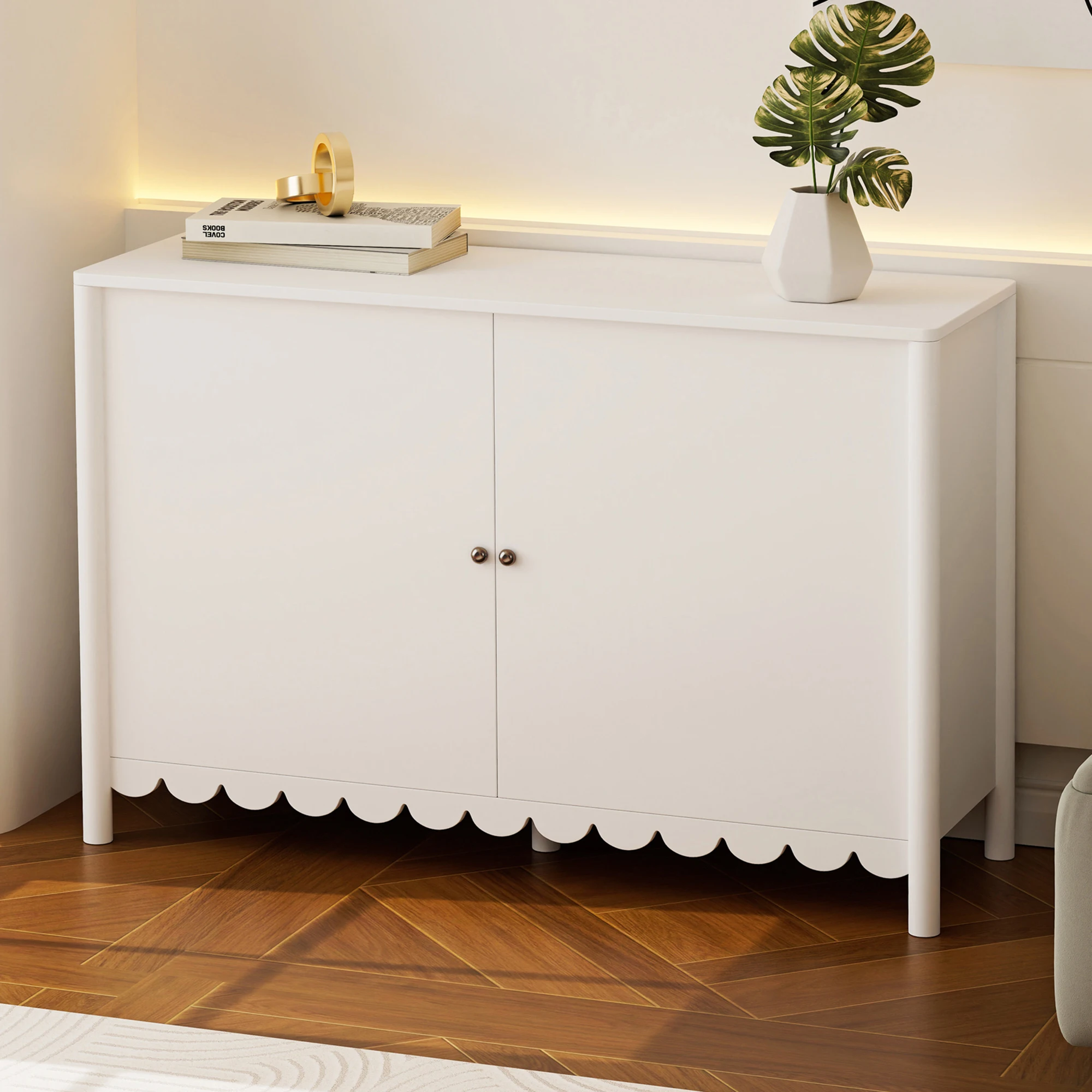 

！@Combohome White Wood Finish Buffet Console Table for Living Dining Room Farmhouse Elegant 2-Door Wooden Sideboard Cupboard