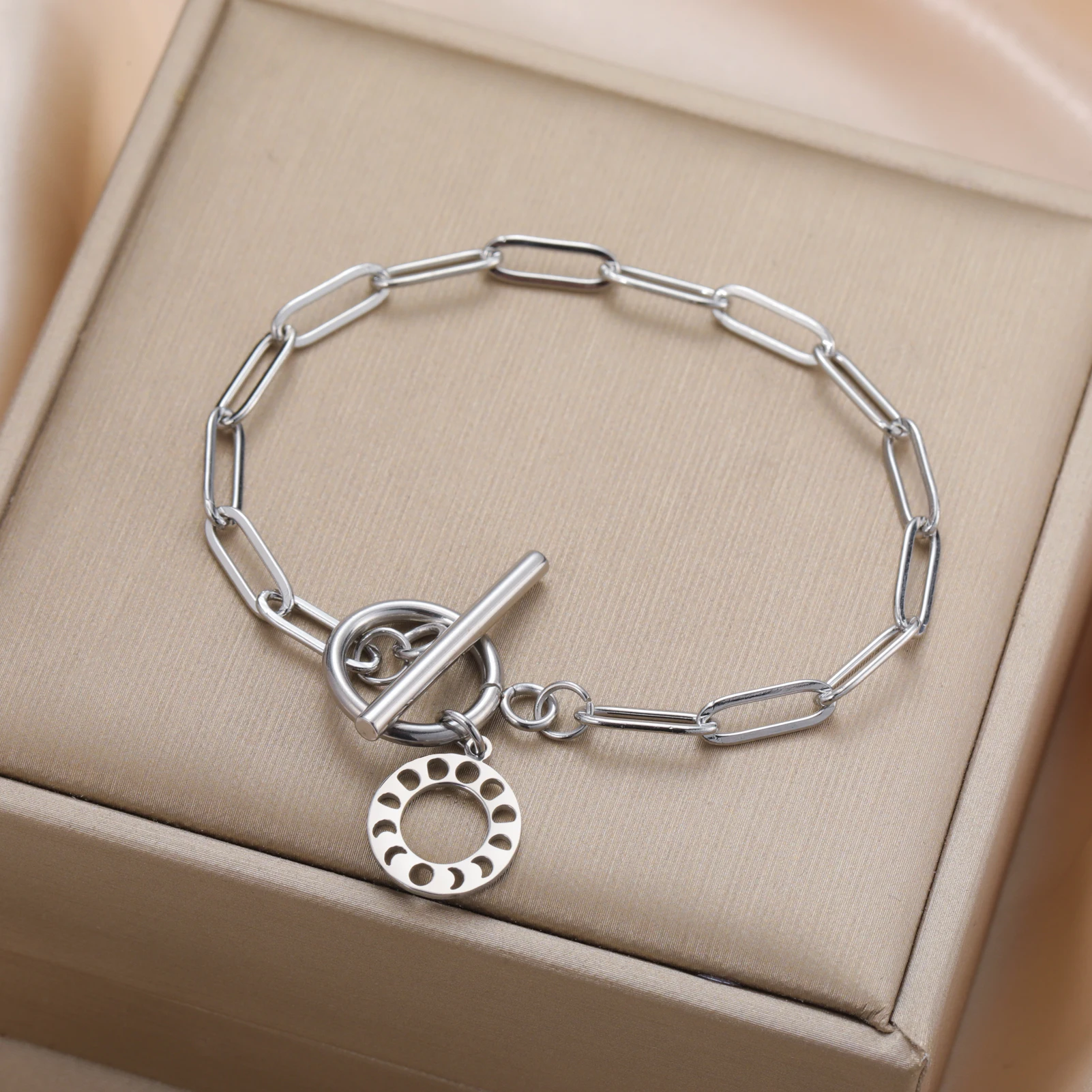 Phase Crescent Moon Round Charm Toggle Stainless Steel Bracelet For Women Men Amulet Jewelry Gift