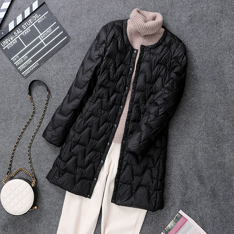 Autumn Winter Warm Ultra Light White Duck Down Coat Women Midi Long Big Size Parkas Ladies Single Breasted Slim Puffer Jacket