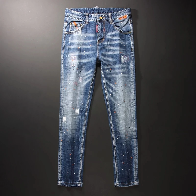Street Fashion Men Jeans Retro Washed Blue Elastic Slim Fit Ripped Jeans Men Painted Designer Vintage Casual Denim Pants Hombre