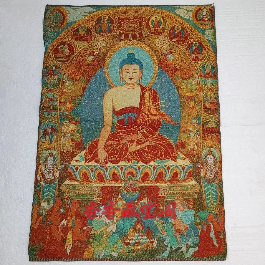 35.4″ Sakyamuni Buddha Brocade Tibetan Tangka Embroidery Painting Gold Thread Embroidery Decorative Hanging Pictures