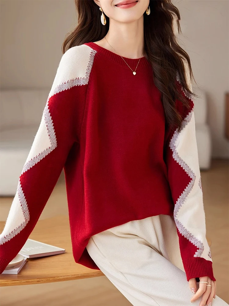 

Thiened Long Sve Crew Ne Boting Sweater Women's Sle Casual Knitted Sweater Color Blo Splicing Anti-Aging