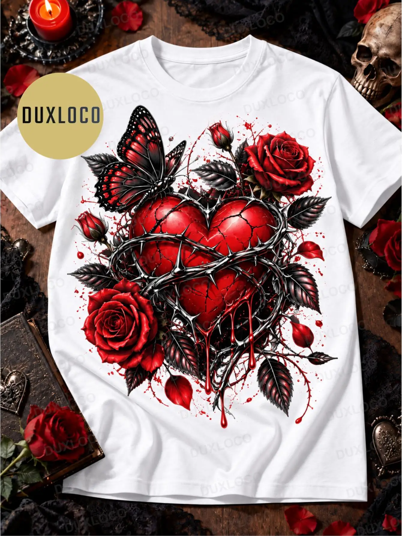 1pc Men'S And Women'S Dark Spicy Style Thorn Rose Heart Print Black Crew Neck Short Sleeve T-Shirt Daily Streetwear Casual Street Style Versatile Top 180G 100%