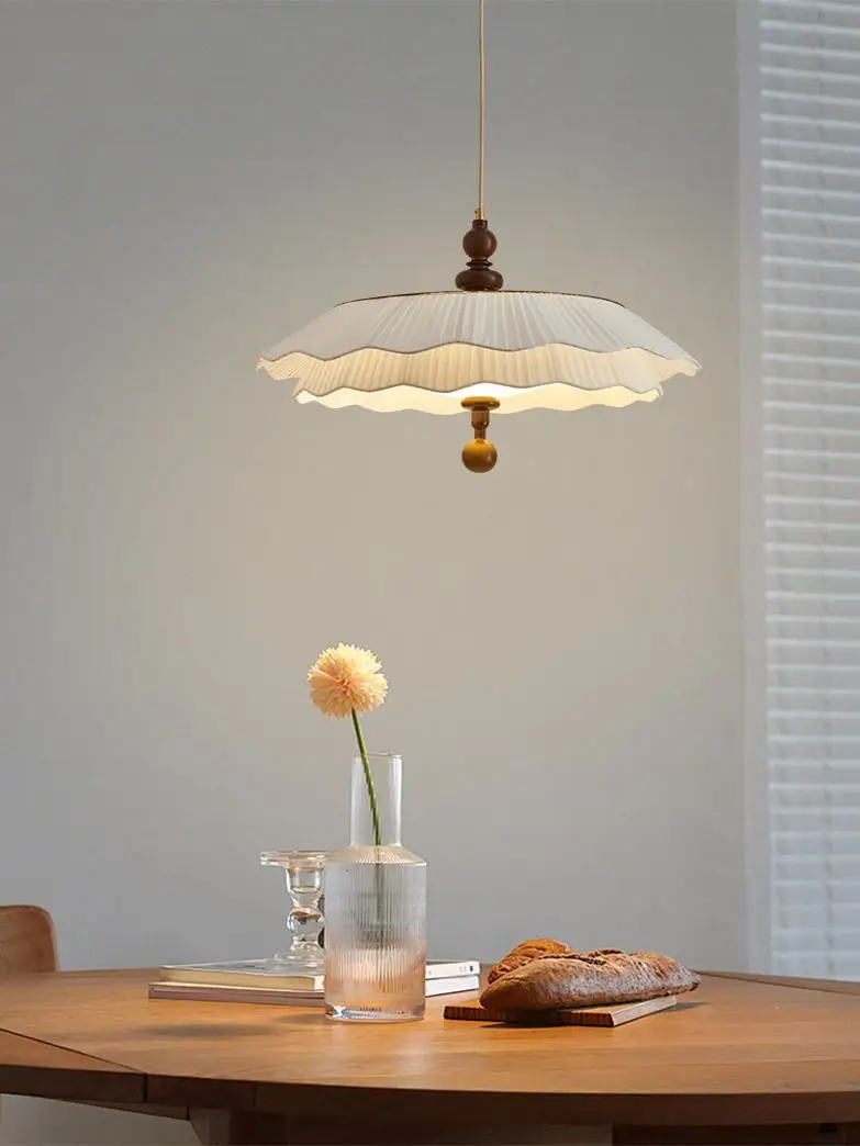 

French Cream Style Simple Fabric Ceiling Light Bedroom Restaurant Wabi Sabi Style Walnut Warm Solid Wood Fabric Pendant Light
