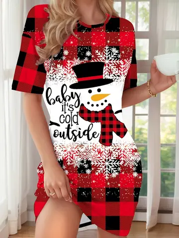 Women'S Red & Plaid Christmas Snowman Print Nightgown Dress Soft Breathable Christmas Costume Casual Women's Short Sleeved Dress
