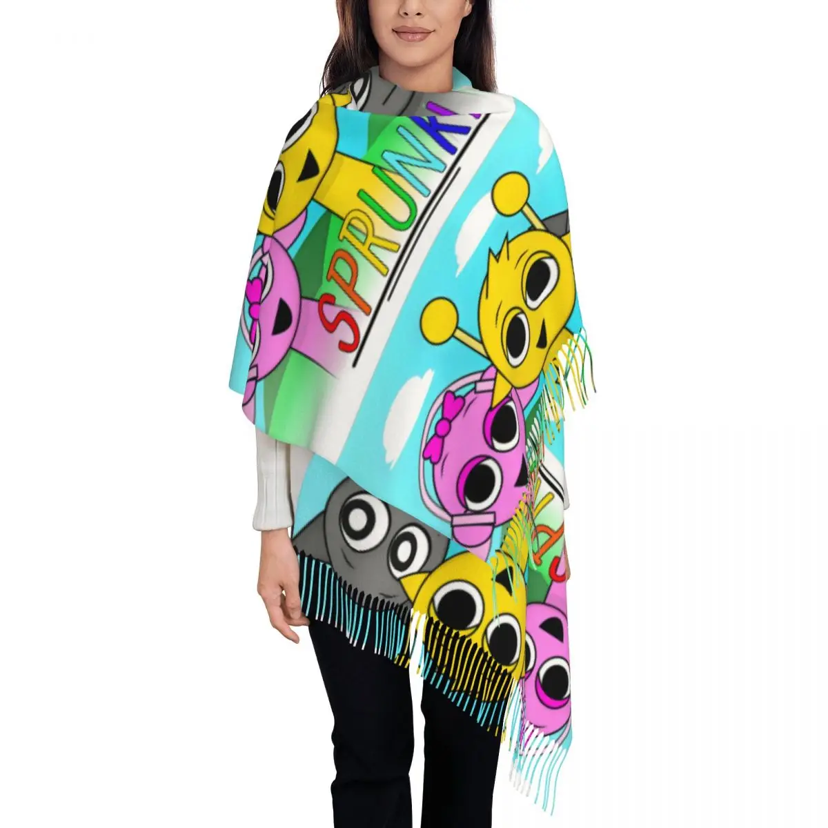 

Женский шарф с героями мультфильмов Sprunkis, длинные зимне-осенние теплые шаль с кисточками, шарфы унисекс