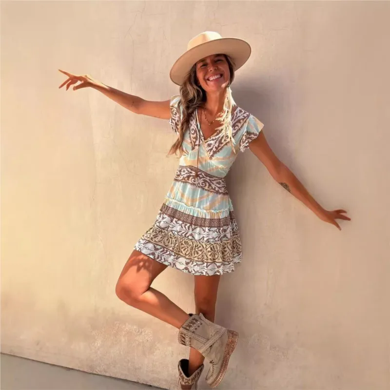 Ethnic Style Short Dress Summer 2024 New Women\'s V-neck Pullover Printed Flying Sleeves A-line Waist Cinched Women\'s Short Skirt