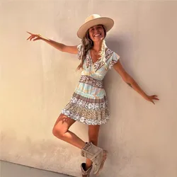 Ethnic Style Short Dress Summer 2024 New Women's V-neck Pullover Printed Flying Sleeves A-line Waist Cinched Women's Short Skirt