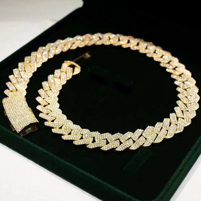 Hand setting hip hop Iced out yellow gold vvs moissanite diamond 10k gold cuban link chain