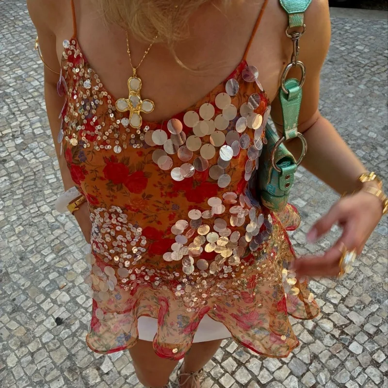 Y2k Floral Pailletten Patchwork Crop Tops für Frauen Sparkly Strappy Tank Tops Sexy V-ausschnitt Top Konzert Outfits Party Beachwear