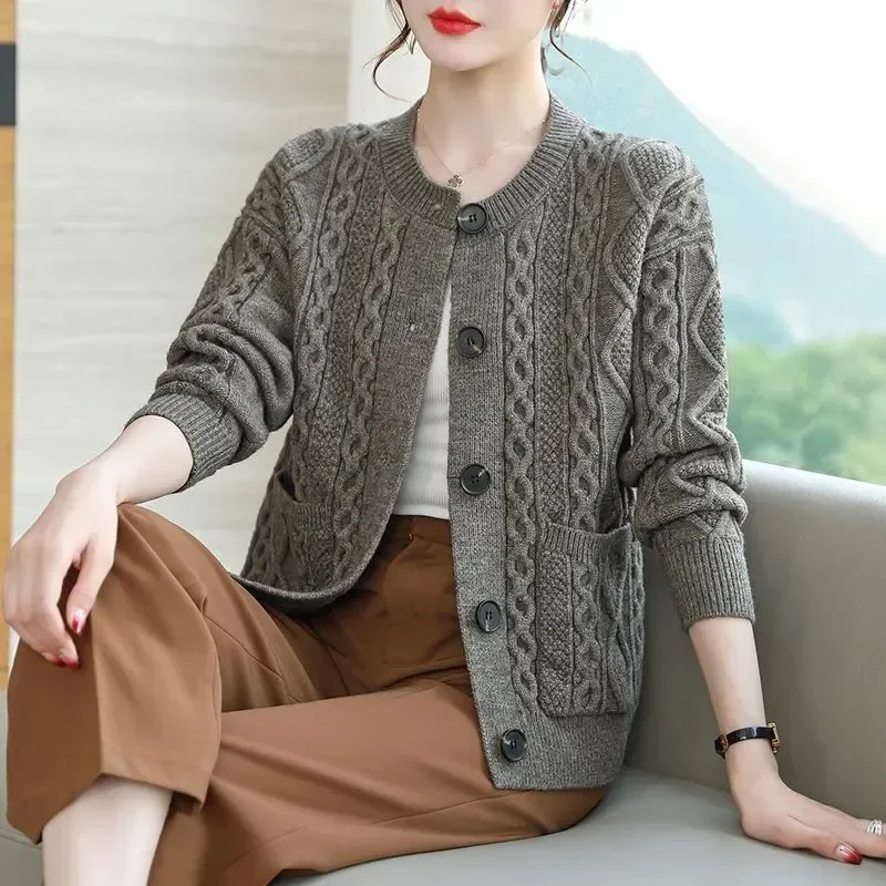 Wiosna Jesień Nowy Kardigan O-neck Damski Gruby Luźny Płaszcz XXXL Mama Płaszcz Dzianinowa Koszula Leniwy Styl Wełniany Sweter Top Dla Kobiet