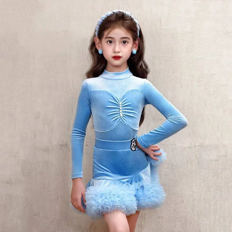 Zestaw: T-shirt, spódnica z bufkami, strój do ćwiczeń tańca latynoamerykańskiego dla dziewczynek, półgolf, długi rękaw, profesjonalny standard, aksamit, kolor winny.