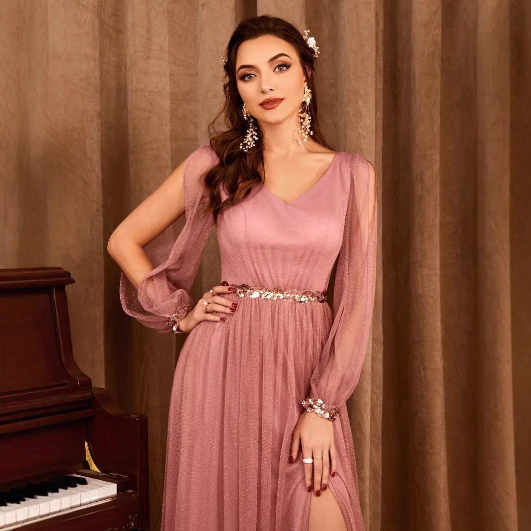 Novo vestido de malha com decote em v manga longa fenda anfitrião vestido elegante vestido de noite para as mulheres medieval 2025 vestido de verão robe feminino