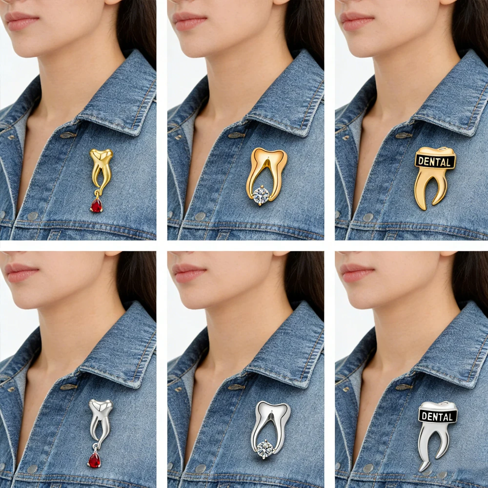 Dental Tooth Shape Brooch Rhinestone Tooth Lapel Pin Dental Letter Enamel Badge Dentist Nurse Dental Assistant  Graduation Gift