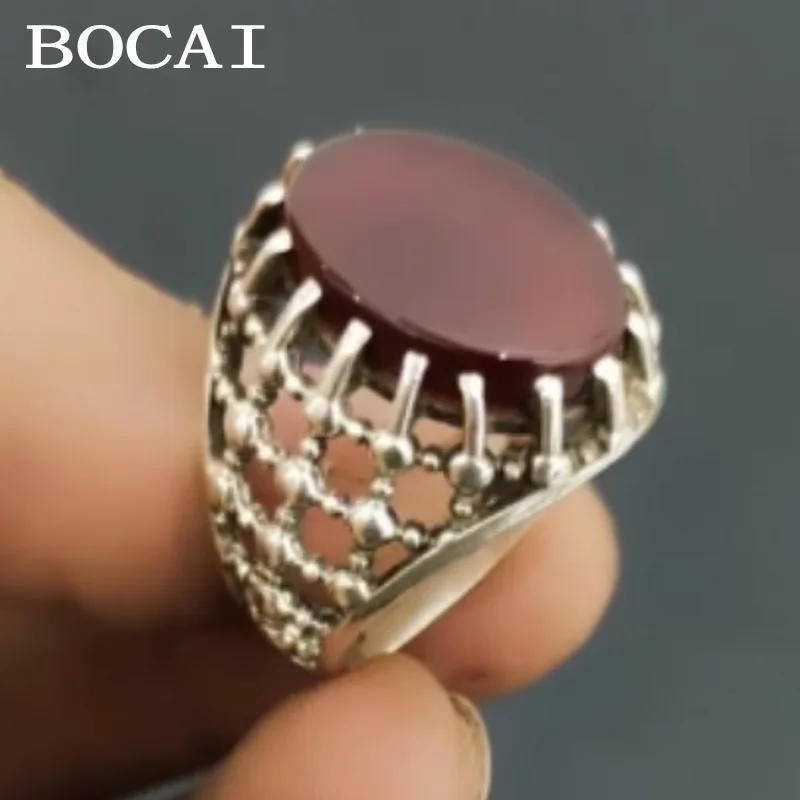 BOCAI S925 Silver Ring for Men Vintage Trendy Personalized Fine Jewelry Natural Red Agate Diamond Exquisite Gifts for Men
