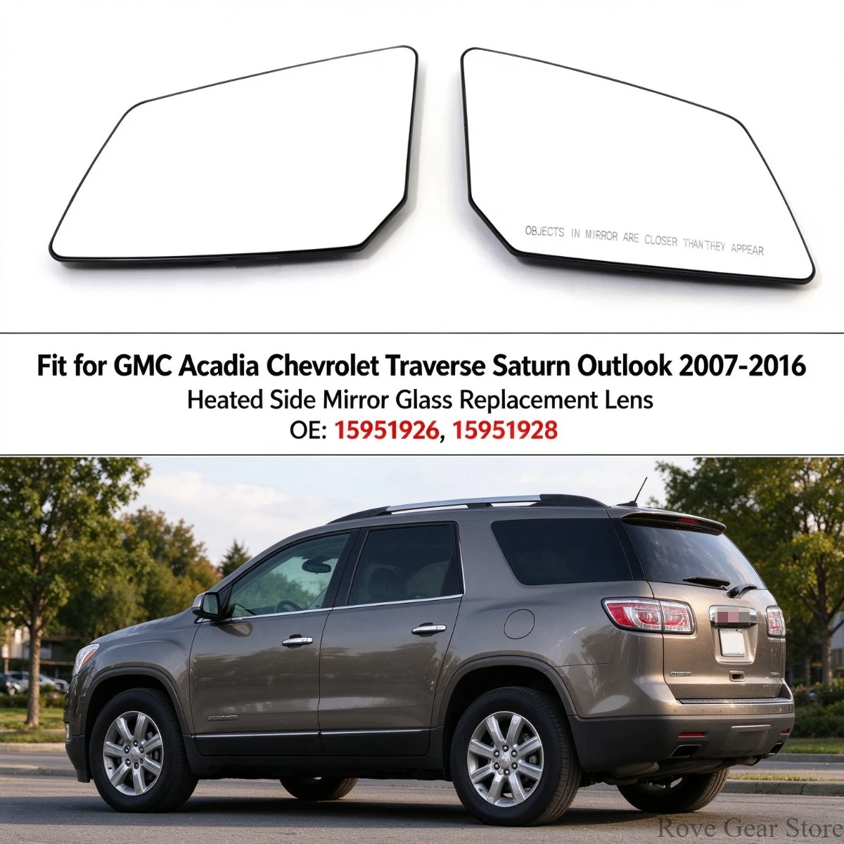 Fit for GMC Acadia Chevrolet Traverse Saturn Outlook 2007-2016 Heated Side Mirror Glass Replacement Lens 15951926 15951928