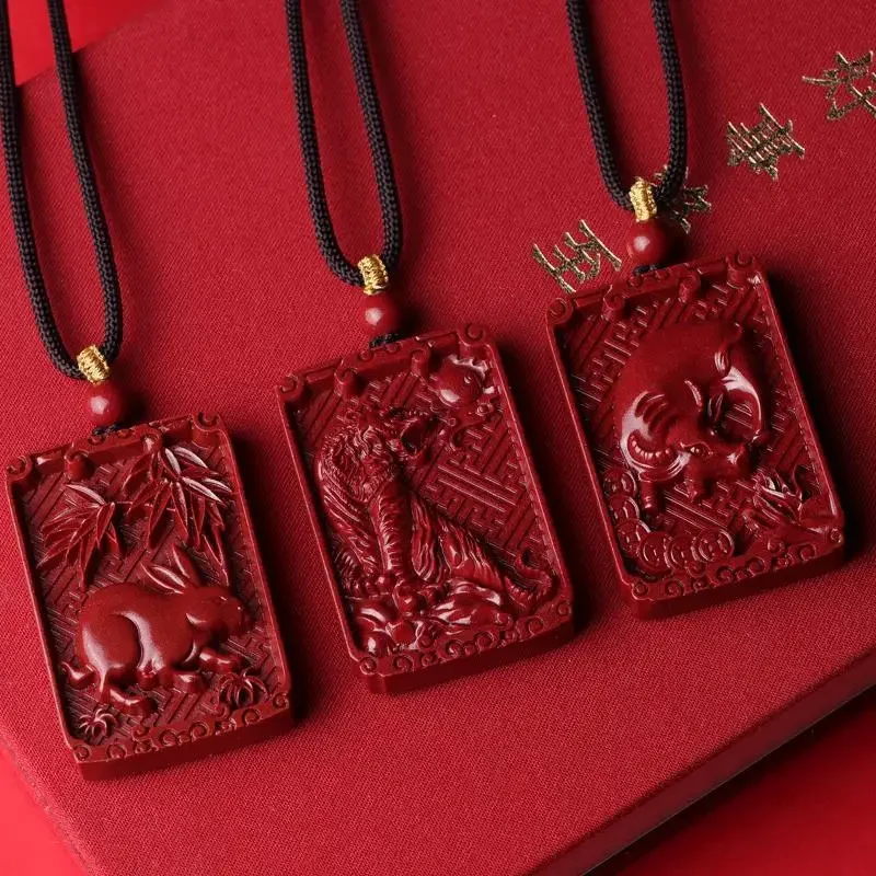 

Natural Raw Ore Cinnabar Chinese Zodiac Pendants Birth Year Safety Blessing Amulet Necklace Wealth Good Luck Amulet Jewelry