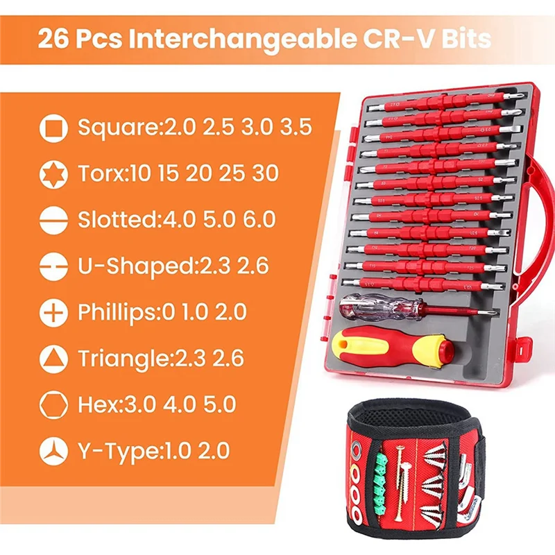 Insulated Electrician Screwdriver Set 1000V with Magnetic Wristband Tools for Men PH Slotted Torx Hex Square Bits