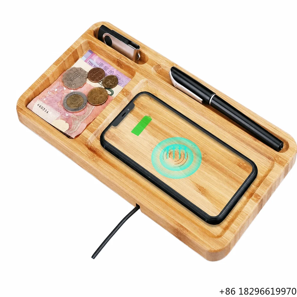 Lacquered Bamboo Tray Wireless Charging Zone Phone Area Desk Tray Organizer for Smartphone and Watch Daily Storage