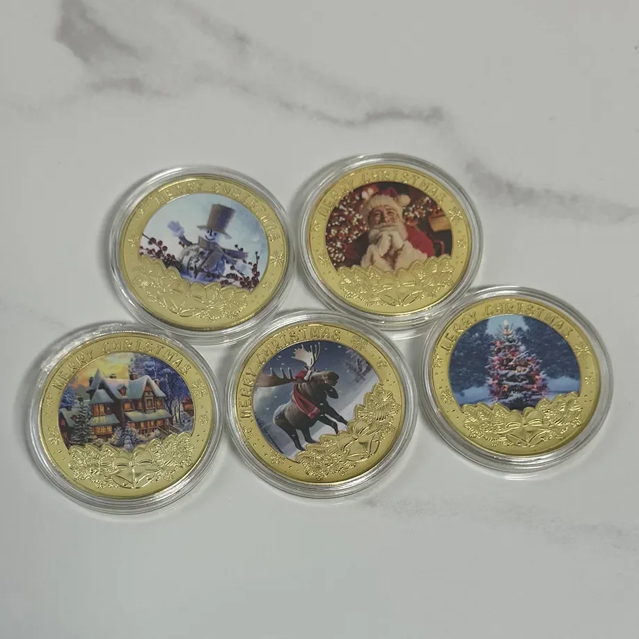 Hot Selling Metal 5 Pcs Set Gold Plated 3D Printing Souvenir Santa Claus Wishing Merry Christmas Challenge Gold Coin