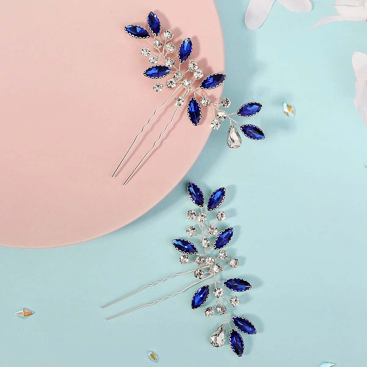 2PK/Set Romantic Blue Handmade Hairpin Luxury Rhinestone Unique Women's Hair Accessory Wedding Bridal Headwear image 2