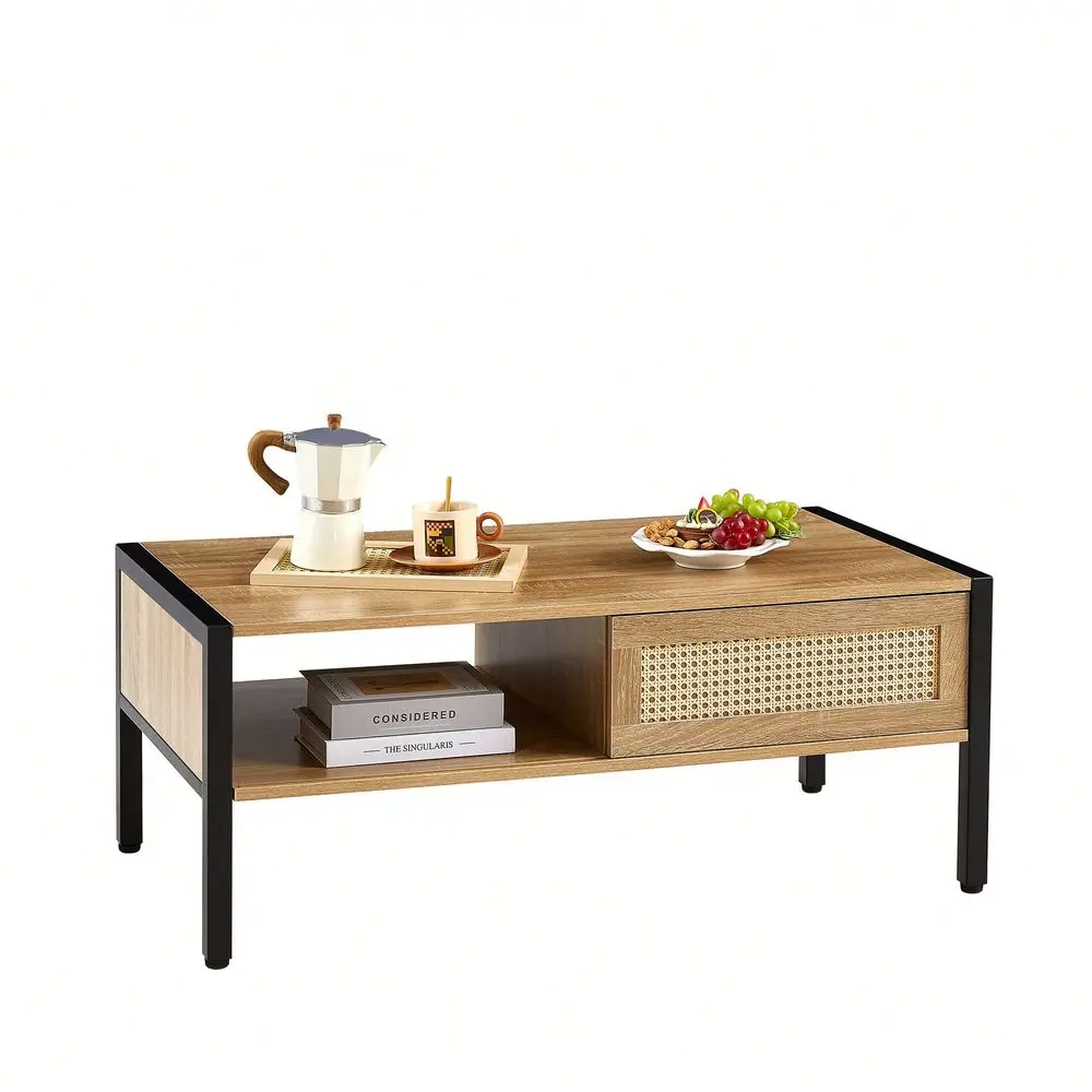 

Rattan Coffee Table Sliding Door For Storage Metal Legs Modern Table For Living Room