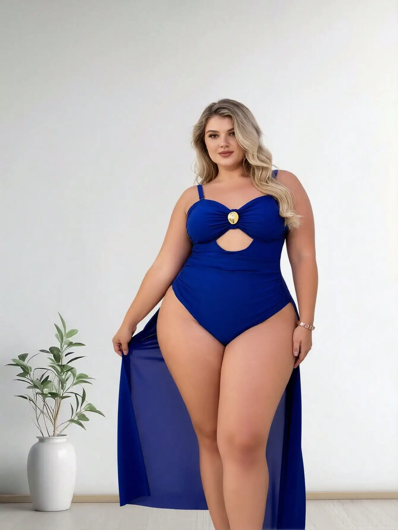 2026 New Plus Size Royal Blue One-Piece Swimsuit Women's Cutout Ruched Tummy Control Bathing Suit With Gold Accent For Beach Vacation, Push-Up & Slim Fit view 4
