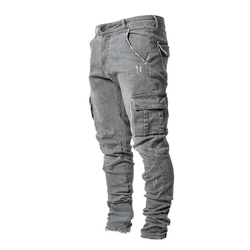 Herenstraat elastische denim jeans wassen effen kleur multi-zakken cargobroek casual slim fit dagelijks gebruik joggers midden taille broek