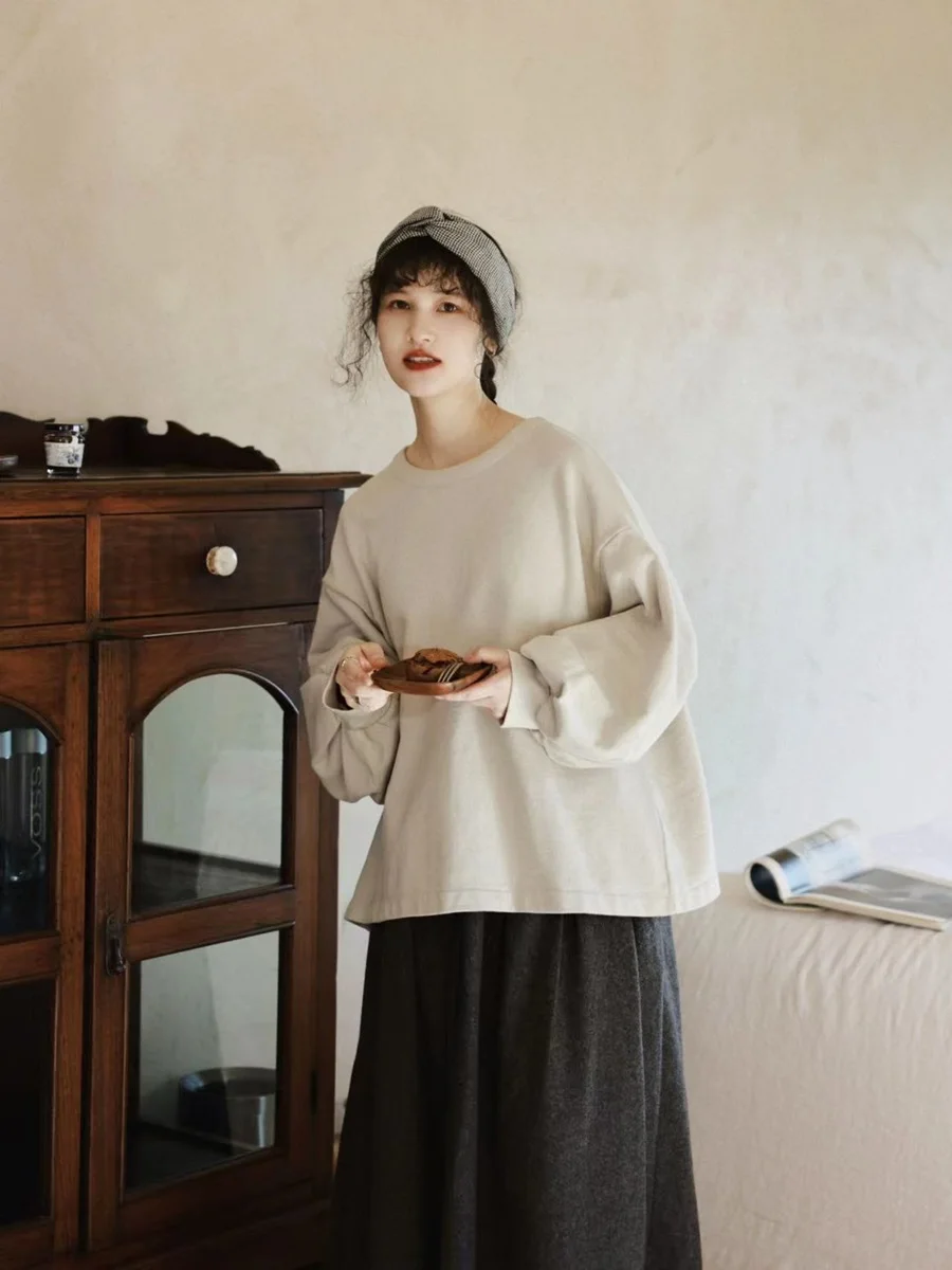 

Свободный свитшот с круглым вырезом для женщин, осенне-зимний, однотонный, из хлопка и льна, удобный, в японском стиле, уличная одежда
