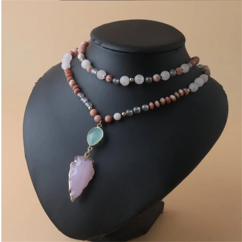 

Natural stone turquoise bead handmade knotted necklace, emerald pendant, pink crystal arrow set, women's jewelry