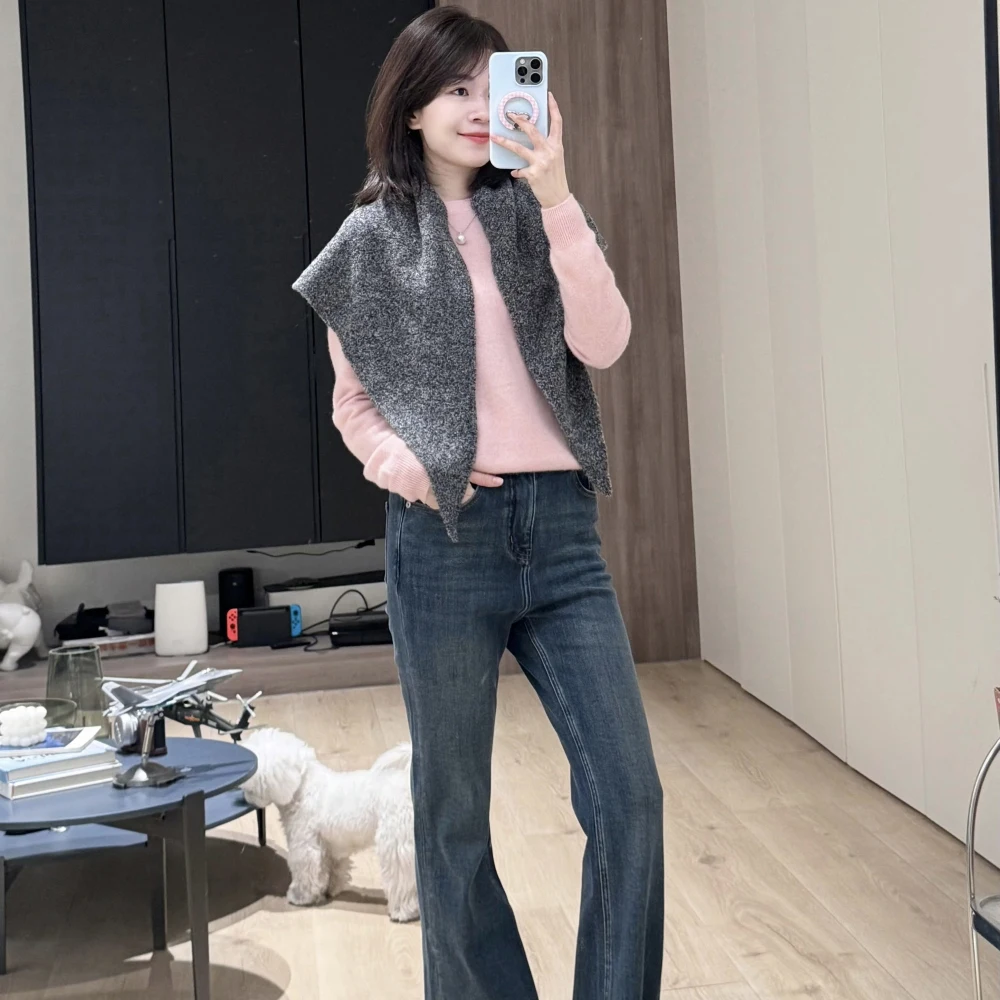 

Ретро джинсы-клеш с подкладкой из флиса, с высокой талией, из эластичного хлопкового денима, женские, облегающие, осенние, модные