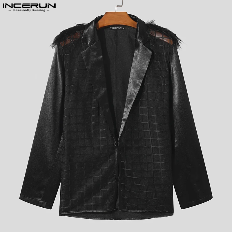 INCERUN 2024 Men Blazer Mesh Plaid Patchwork Lapel Long Sleeve One Button Suits Men Transparent Streetwear Fashion Casual Coats