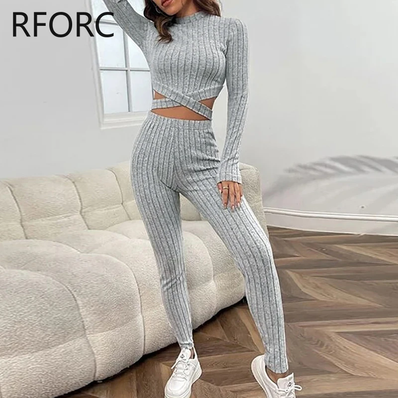 2024 Women Solid Criss Cross Crop Top & Pencil Pants Two Pieces Casual Pants Set