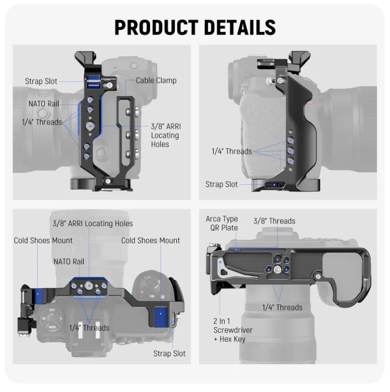 NEEWER Z8 Camera Cage with HDMI Cable Clamp For Nikon Z8 With NATO Rail Quick Release Arca Type Base Aluminum Video Rig