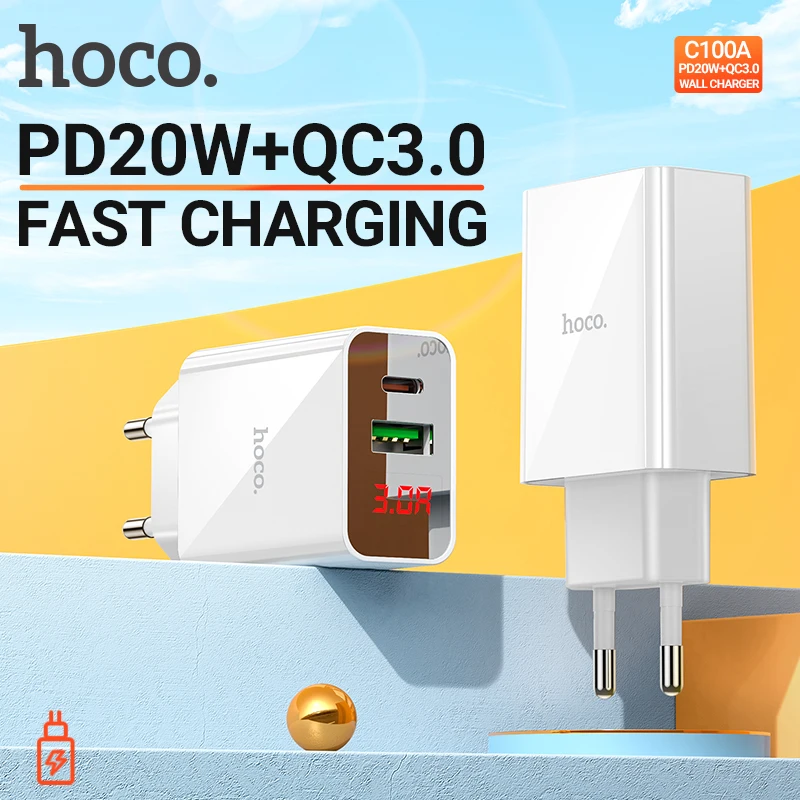 hoco PD 20W USB C wall charger dual port USB A QC 3.0 18W fast charging adapter display type-c set cable cord kit wire EU usbc