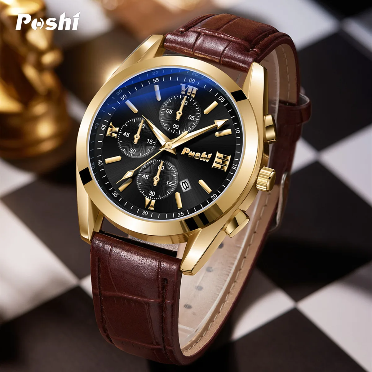 POSHI New Fashion Mens Watches Quartz Movement Watch Luxury Leather Strap with Calendar Waterproof Sport Wristwatch for Man 2023